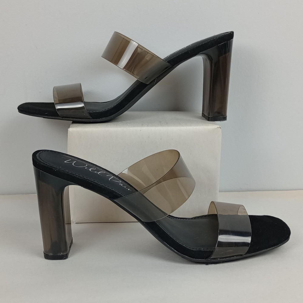 Wild Pair Womens 8.5 Black Clear Double Strap Block Heel Slide Sandals